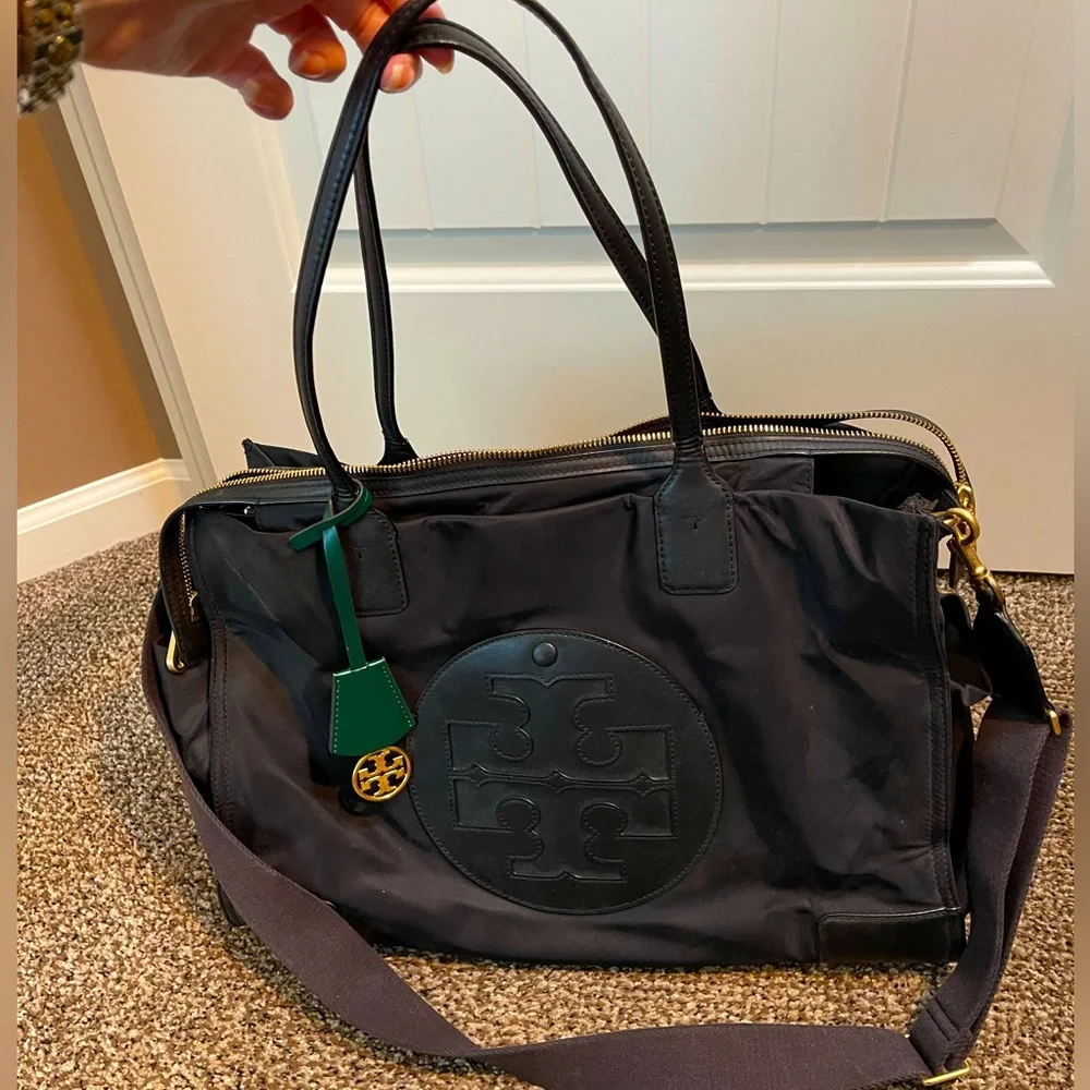 Tory Burch Black Nylon Tote with Green Leather Tag and Gold Logo Charm